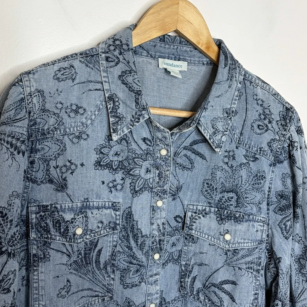Sundance Pearl Snap Denim Shirt Womens XL Chambray Coastal Cowgirl Western Boho - Picture 2 of 7